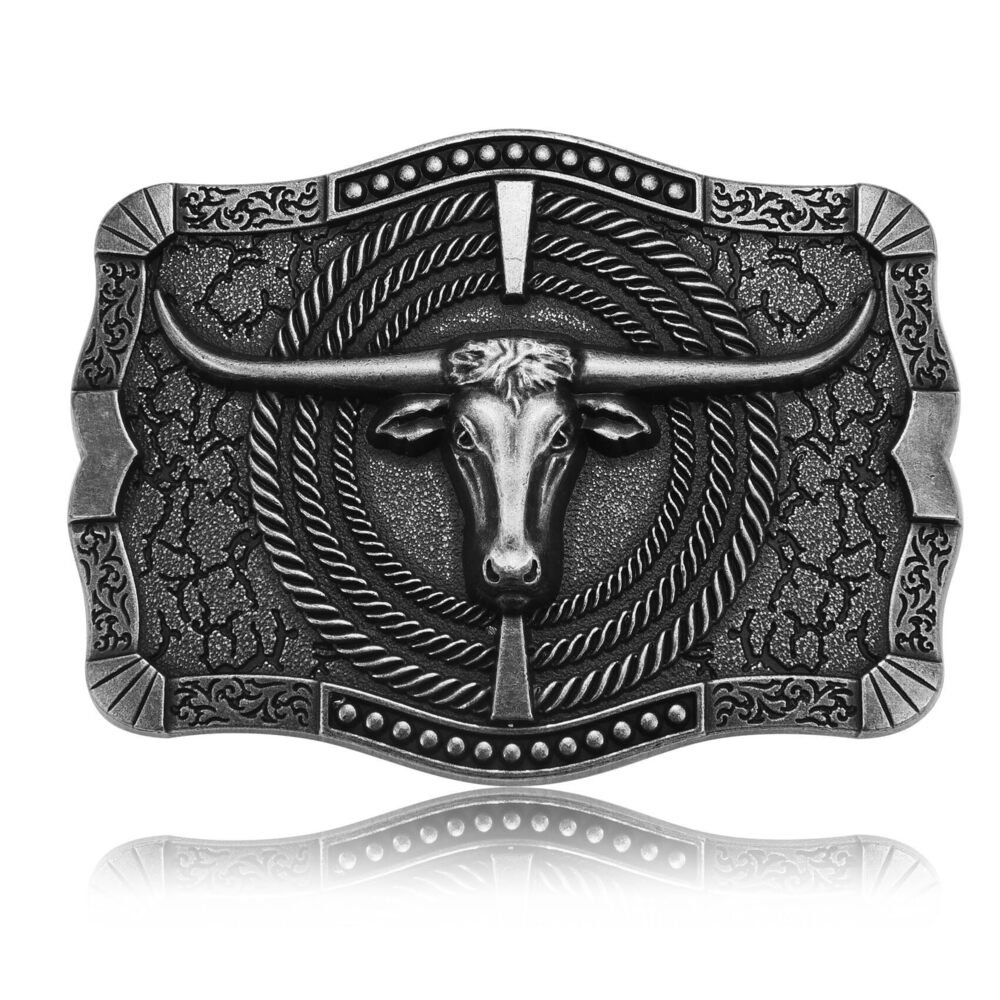 4071 Western Belt Buckle , Cowboy Antique Grey Longhornn Bull Belt Buckles